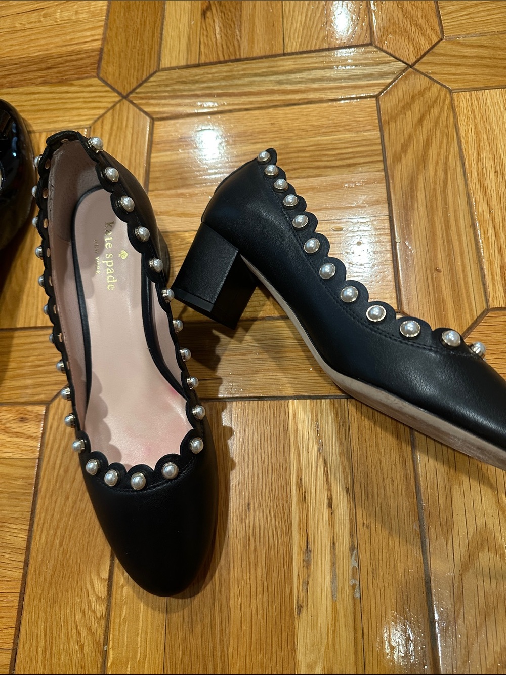 kate spade Black Pearl-Trim Block Heel Pumps